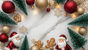 Cinematic overhead shot of a luxurious Dollar Tree Christmas decor arrangement featuring glitter ball ornaments, bottle brush trees, vintage Santa figurines, and gingerbread elements on a white marble surface, illuminated by warm golden hour lighting.