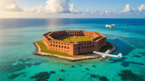 "Aerial view of Fort Jefferson in Dry Tortugas National Park, with a vintage seaplane landing nearby, a ferry in the distance, aquatic life visible in turquoise waters, frigatebirds in the sky, and golden hour lighting highlighting the remote isolation of the area."