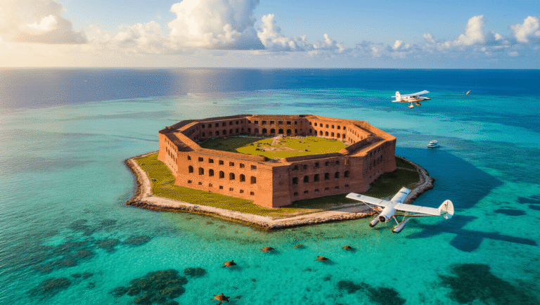 "Aerial view of Fort Jefferson in Dry Tortugas National Park, with a vintage seaplane landing nearby, a ferry in the distance, aquatic life visible in turquoise waters, frigatebirds in the sky, and golden hour lighting highlighting the remote isolation of the area."