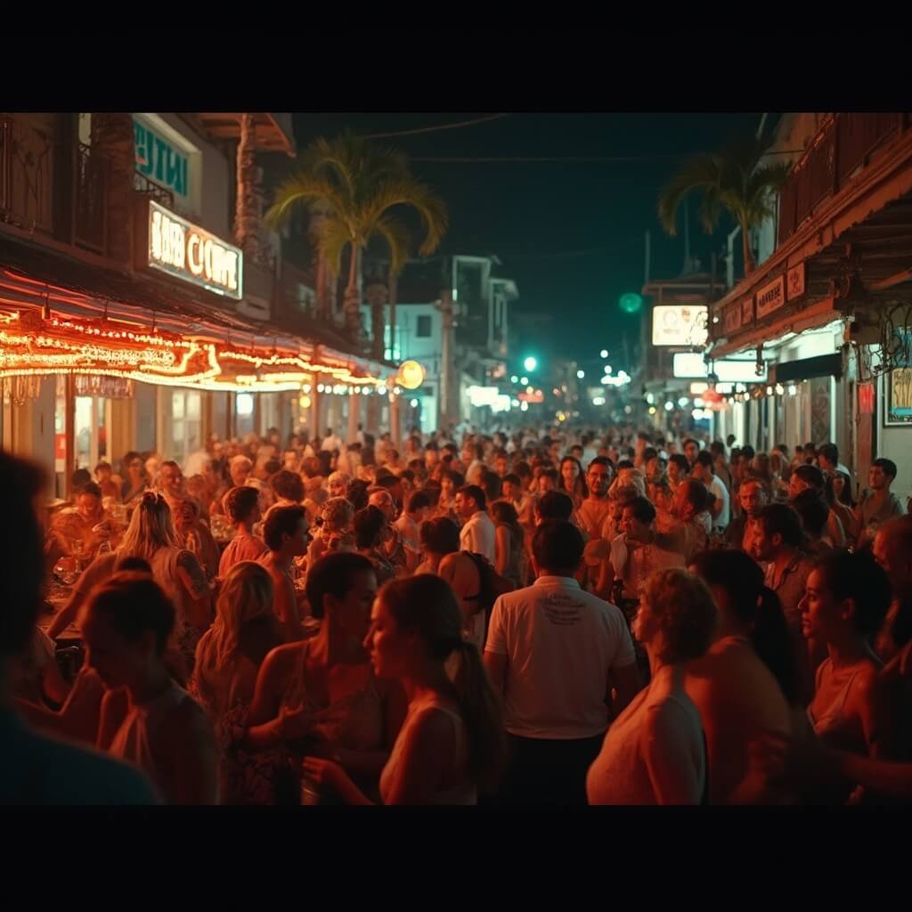 Crowded nighttime scene at Duval Street bar in Key West with people dancing to live music, neon bar signs, warm ambient lighting, and tropical palm trees in background