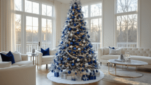 Blue and Silver Christmas Tree: A Winter Wonderland of Elegance Elegant living room with a stunning 7-foot blue and silver Christmas tree, adorned with glass ornaments, silver garlands, and LED lights, featuring modern cream velvet furniture and golden hour lighting streaming through large windows.