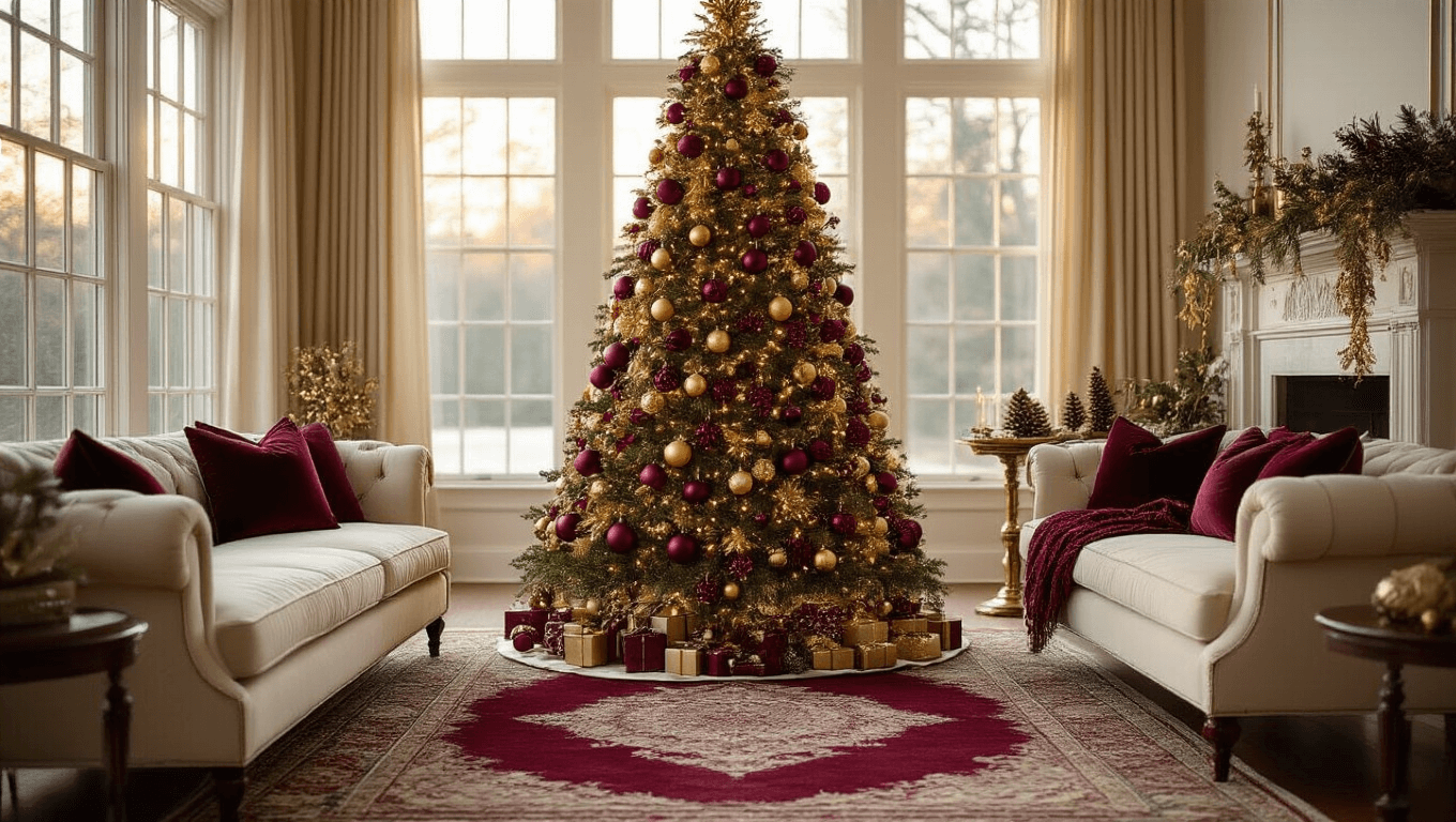 Cinematic view of an elegantly decorated 8-foot Christmas tree in a cozy living room, adorned with deep burgundy and antique gold ornaments, warm golden hour lighting, and rich textures, creating a luxurious holiday ambiance.