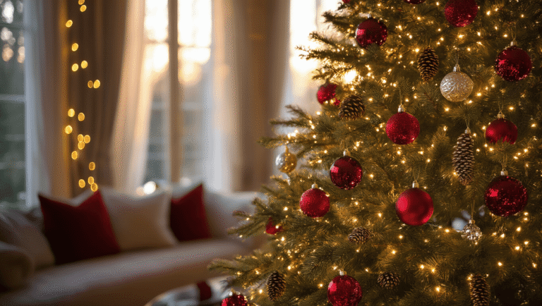 Cinematic wide-angle shot of a 9-foot Fraser fir Christmas tree adorned with red and gold ornaments, twinkling lights, and a warm, inviting living room backdrop featuring a cream sectional sofa and stone fireplace during golden hour.