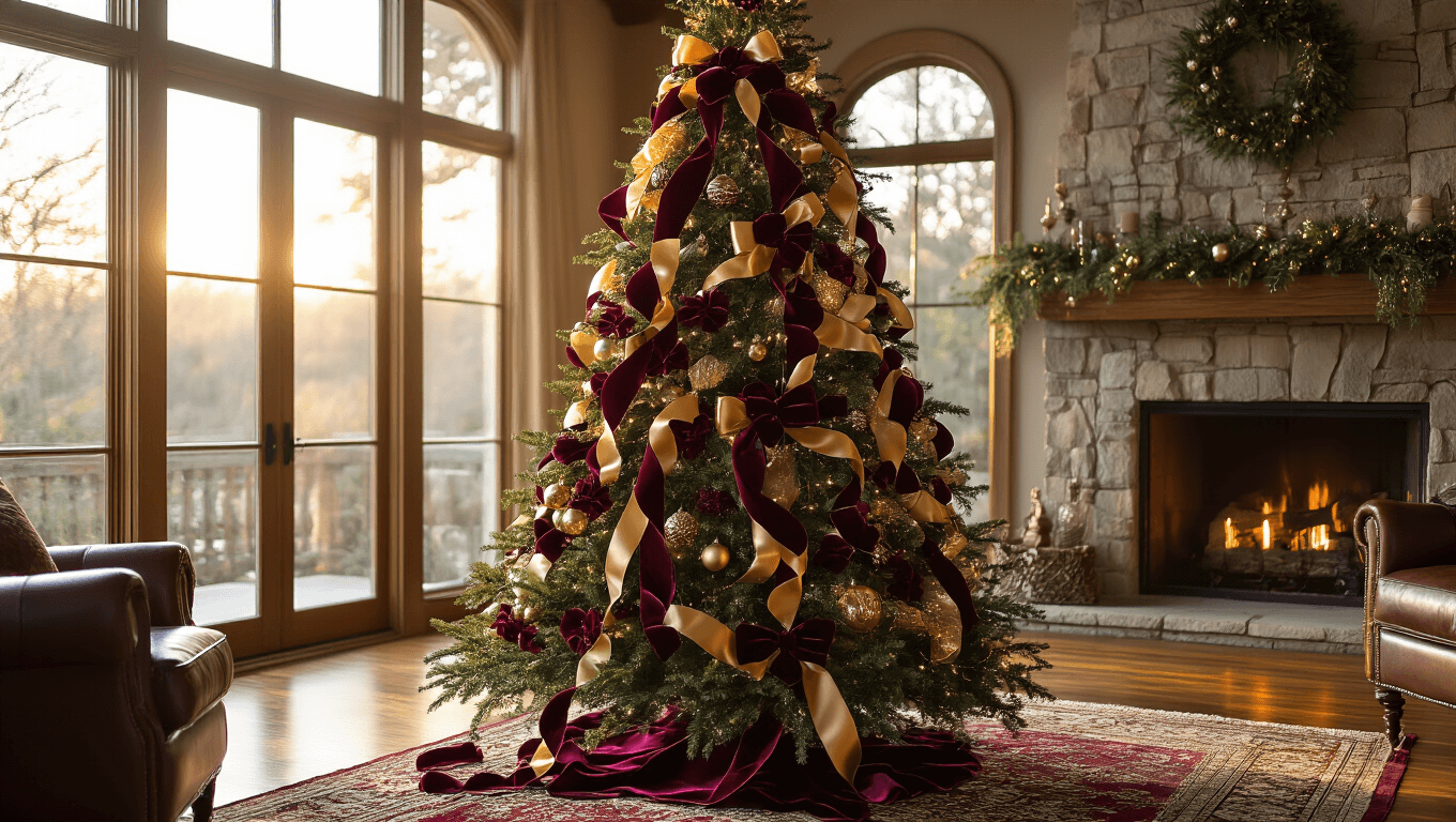 Elegant 8-foot Christmas tree adorned with burgundy velvet and gold silk ribbons, bows, and crystal ornaments, set in a cozy living room with a stone fireplace and hardwood floors, illuminated by warm golden hour light.