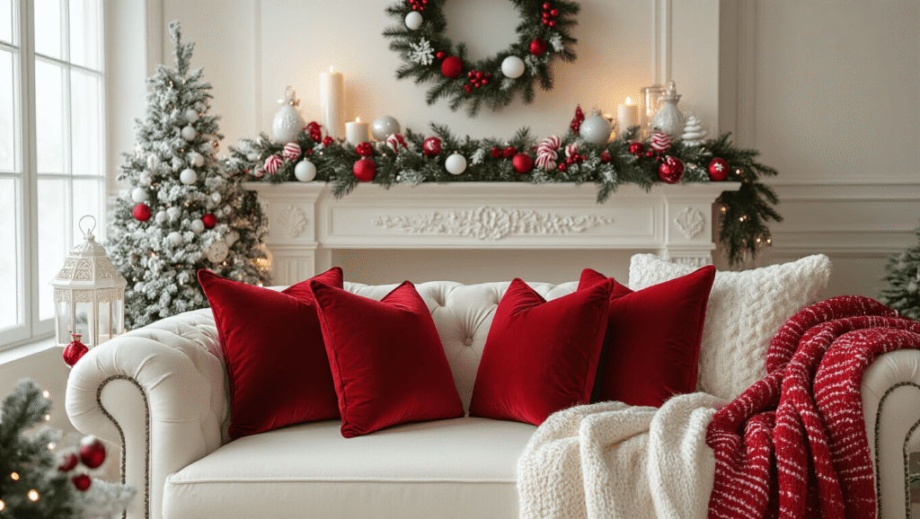 Elegant living room decorated for Christmas with red and white accents, featuring velvet pillows, ceramic vases, glittery ornaments, and warm lantern lighting, creating a cozy holiday atmosphere.