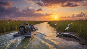 "Airboat navigating through Florida Everglades at sunset, with passengers looking at an alligator on the bank and herons in the wetlands"