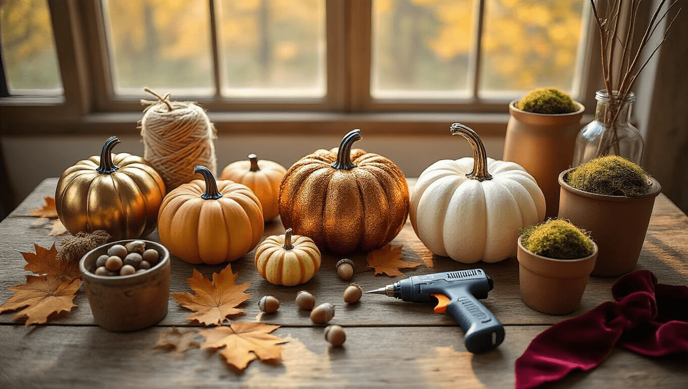 Cinematic flatlay of Dollar Tree fall DIY projects on a rustic wooden table, featuring gold-painted pumpkins, yarn-wrapped gourds, faux autumn leaves, and crafting supplies, all illuminated by warm golden hour lighting.