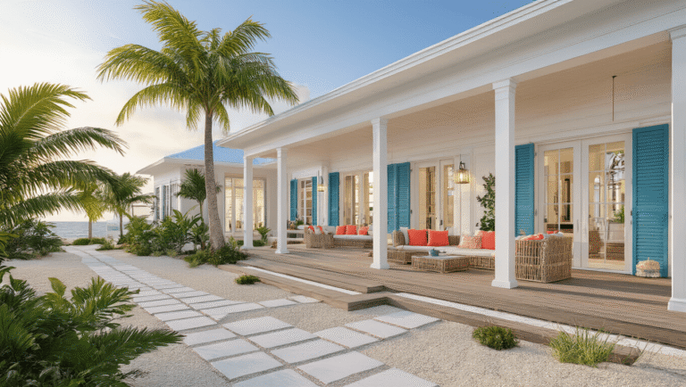 Cinematic wide-angle shot of a Florida-style Bloxburg house with white walls, ocean blue shutters, wrap-around porch, tropical palm trees, and inviting outdoor spaces, illuminated by warm golden hour lighting.