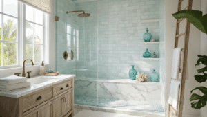 Photorealistic coastal bathroom featuring a frameless glass shower, marble bench, and sea glass accessories on white subway tiles, with soft lighting and a warm color palette.