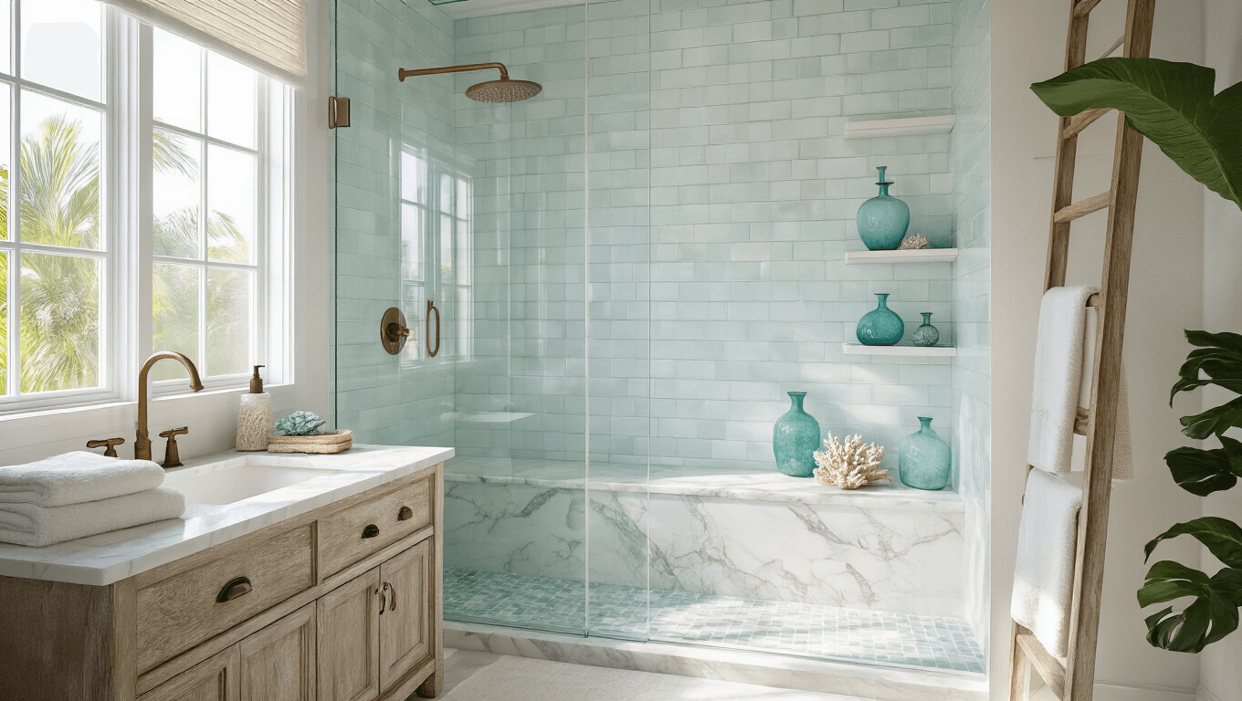 Photorealistic coastal bathroom featuring a frameless glass shower, marble bench, and sea glass accessories on white subway tiles, with soft lighting and a warm color palette.