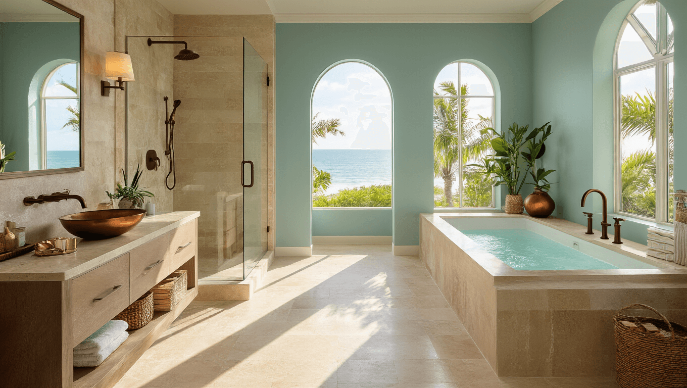 Luxurious Florida coastal bathroom featuring travertine stone tiles, freestanding soaking tub with brushed bronze fixtures, warm beige quartzite waterfall countertop, frameless glass shower, and soft aqua accent wall, illuminated by morning light through large windows.