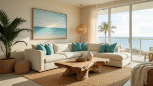 Bright Florida condo living room featuring a cream sectional sofa with seafoam pillows, a driftwood coffee table, and golden hour sunlight illuminating the space through large windows, creating a warm, inviting coastal aesthetic.