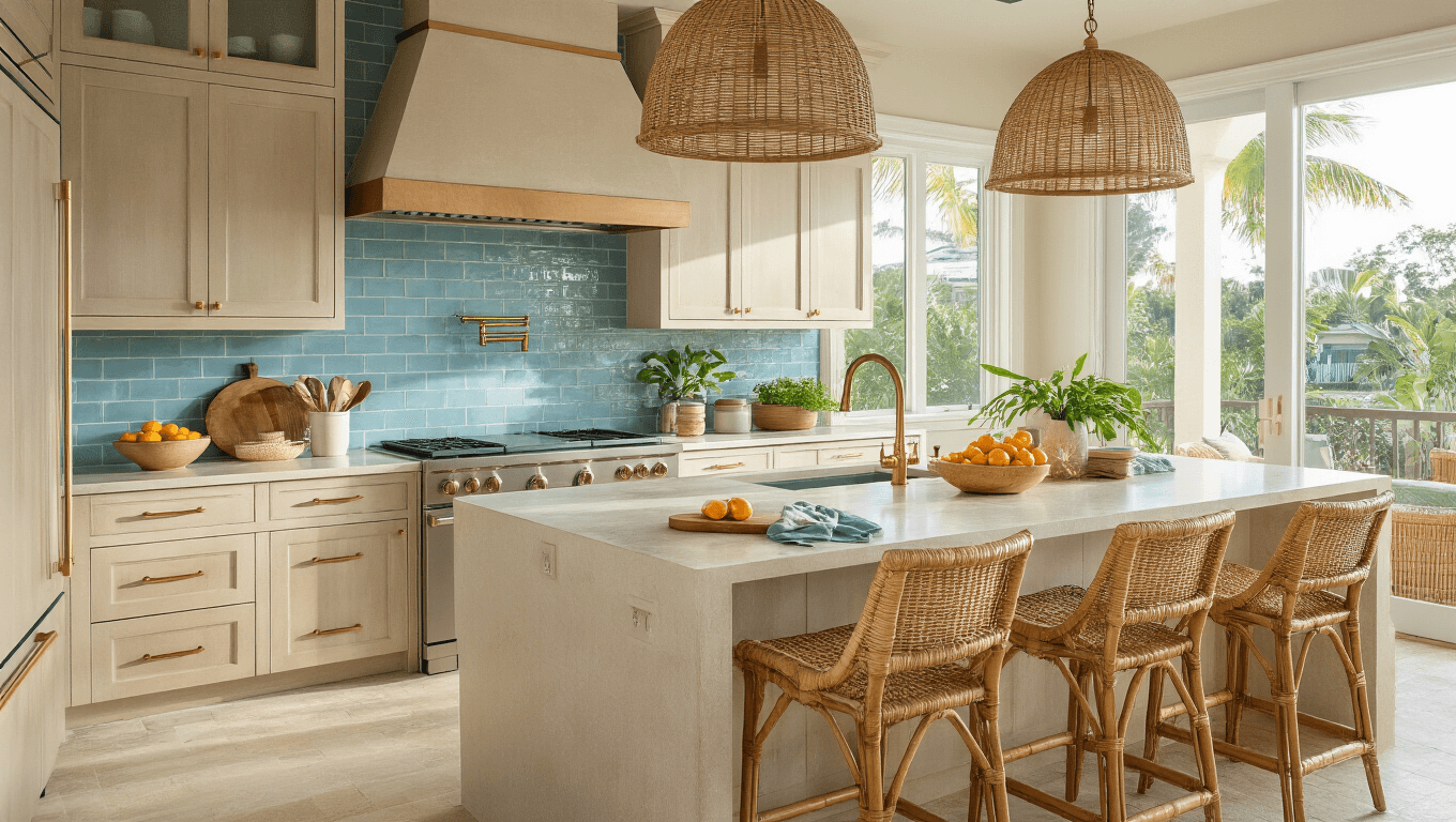 Cinematic shot of a bright Florida coastal kitchen with sandy beige cabinets, watery blue backsplash, and quartz waterfall island, featuring warm lighting, tropical accents, and an inviting atmosphere.