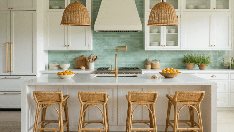 Cinematic Florida coastal kitchen with white shaker cabinets, brass hardware, quartz countertops, and seafoam green tile backsplash, featuring rattan stools, woven pendant lights, and fresh citrus decor.