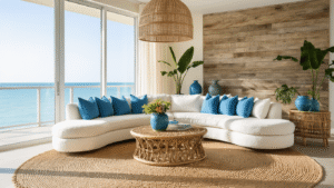 Sophisticated Florida coastal living room featuring a curved white linen sofa with ocean blue pillows, a unique rattan coffee table, and a weathered wood accent wall, all bathed in golden morning light.
