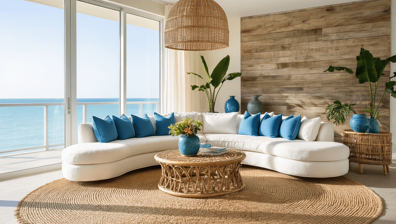 Sophisticated Florida coastal living room featuring a curved white linen sofa with ocean blue pillows, a unique rattan coffee table, and a weathered wood accent wall, all bathed in golden morning light.