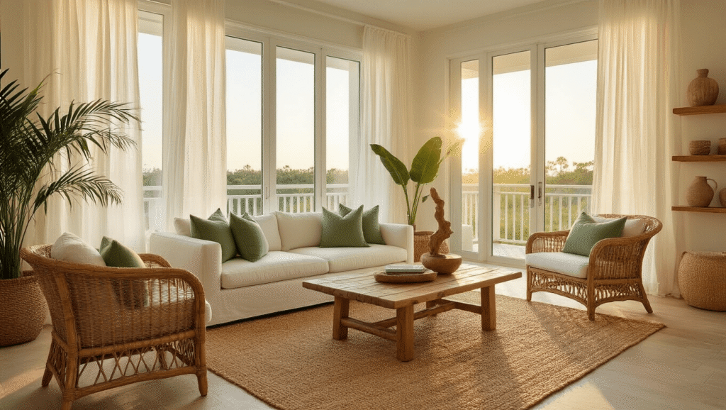 Cinematic wide-angle view of a sunlit Florida living room with floor-to-ceiling windows, sheer white curtains, and warm honey light illuminating a whitewashed coffee table, plush sofa with green pillows, wicker chair, jute rug, bamboo shelves, and a potted palm, emphasizing natural textures and a spacious atmosphere.