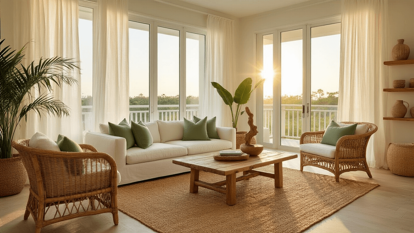 Cinematic wide-angle view of a sunlit Florida living room with floor-to-ceiling windows, sheer white curtains, and warm honey light illuminating a whitewashed coffee table, plush sofa with green pillows, wicker chair, jute rug, bamboo shelves, and a potted palm, emphasizing natural textures and a spacious atmosphere.