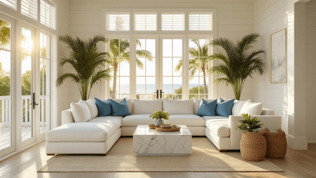 A modern Florida living room with coastal decor, featuring a white sectional sofa with blue accent pillows, tropical palms, a marble coffee table, and bathed in golden hour sunlight.