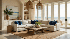 Luxurious Florida coastal living room featuring a neutral linen sectional, weathered driftwood coffee table, and ocean-blue accent pillows, illuminated by golden hour sunlight through floor-to-ceiling windows.