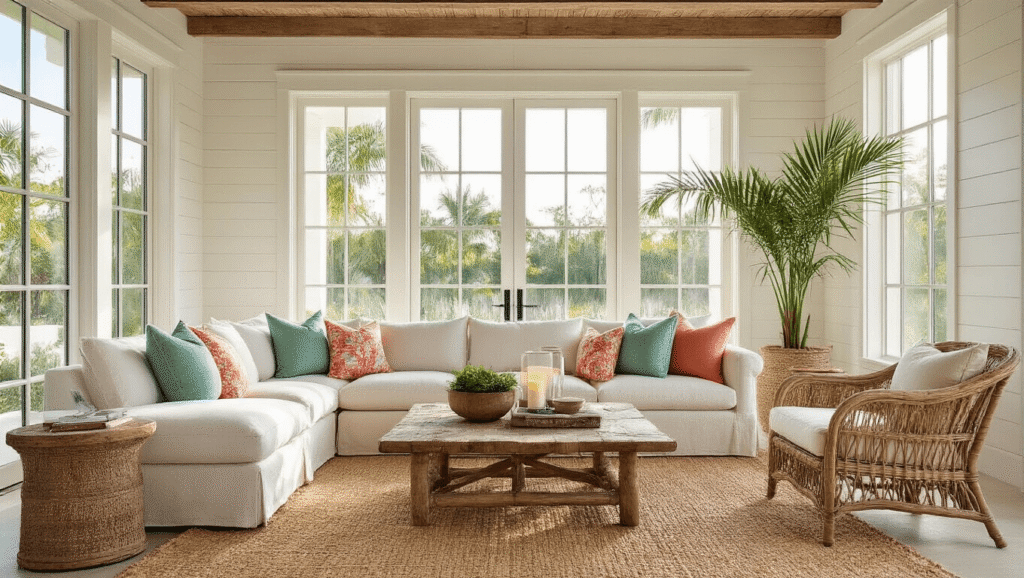 A cozy Florida coastal living room featuring a cream sectional sofa with tropical print pillows, driftwood coffee table, vintage rattan furniture, and beachy decor, illuminated by warm golden hour sunlight.