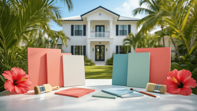 Cinematic wide shot of a Florida home exterior showcasing a pristine white house with black trim, surrounded by coral, seafoam blue, and sage green paint samples on a clean surface, accented by tropical elements, golden hour lighting, and scattered paint brushes and color swatches.