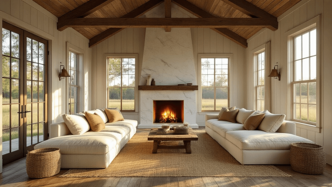 Photorealistic interior of a Florida farmhouse living room at golden hour, featuring vaulted ceilings with exposed beams, large windows, distressed hardwood floors, and a cozy sectional with vintage decor.