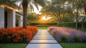 Cinematic shot of a Florida front yard at golden hour, showcasing a Sabal Palm, vibrant Firebush shrubs, and swaying Muhly grass, with modern concrete pavers, decorative gravel, and terracotta pots, all enhanced by warm color grading and subtle LED lighting.