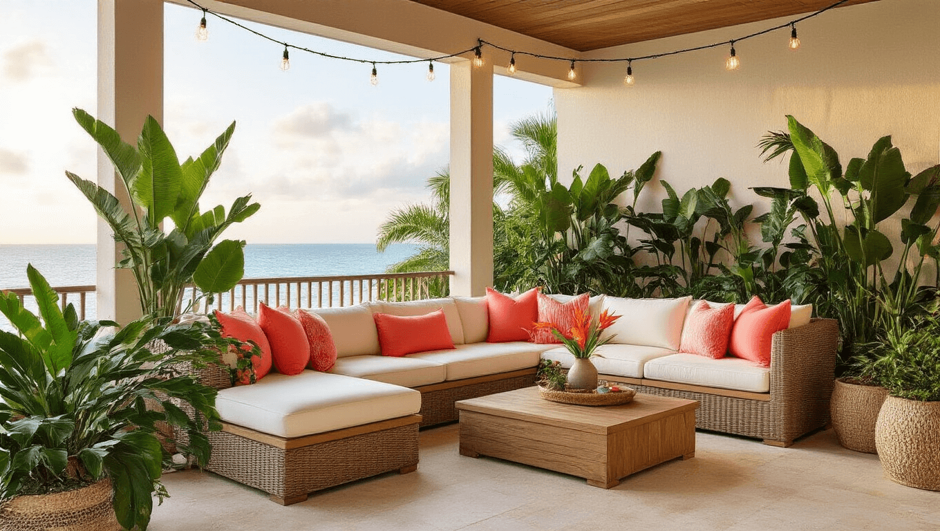Cinematic wide-angle shot of a transformed Florida lanai featuring a teak sectional with coral pillows, surrounded by tropical plants and string lights, showcasing a coastal bohemian style in warm golden hour lighting.