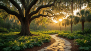 Cinematic wide-angle shot of a Florida native landscape at golden hour, showcasing a Live Oak, Sabal Palms, and Coontie groundcover with a stone pathway, warm sunlight filtering through Spanish moss, creating a serene, sustainable garden atmosphere.