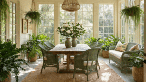 A sunlit Florida sunroom sanctuary showcasing a native plant garden through floor-to-ceiling windows, featuring a weathered oak dining table with magnolia branches, sage green wicker furniture, macrame planters, and warm earth tones that celebrate local botanical heritage.