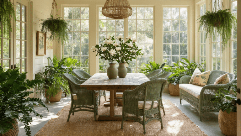 A sunlit Florida sunroom sanctuary showcasing a native plant garden through floor-to-ceiling windows, featuring a weathered oak dining table with magnolia branches, sage green wicker furniture, macrame planters, and warm earth tones that celebrate local botanical heritage.