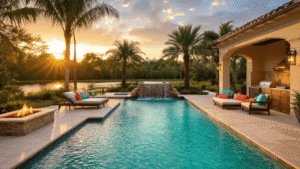Cinematic wide-angle view of a luxurious Florida pool patio at golden hour, featuring a turquoise pool, travertine deck, vibrant furniture, tropical landscaping, and glowing string lights, all captured in hyperrealistic detail.
