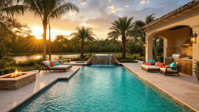 Cinematic wide-angle view of a luxurious Florida pool patio at golden hour, featuring a turquoise pool, travertine deck, vibrant furniture, tropical landscaping, and glowing string lights, all captured in hyperrealistic detail.