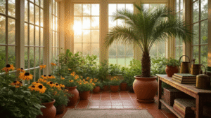 A bright Florida sunroom filled with native plants, featuring a sabal palm, terracotta pots, rustic decor, and inviting wicker furniture, all bathed in warm golden hour light.