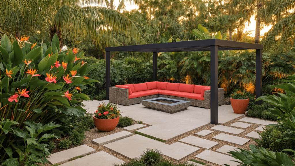 Aerial view of a Florida tropical backyard oasis during golden hour, featuring a teak sectional with coral cushions under a charcoal pergola, native plants, a tiered fountain, and a polished concrete patio with decorative gravel, all bathed in warm sunset tones.