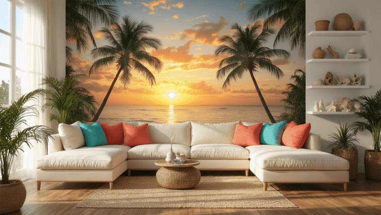 Cinematic wide-angle shot of a luxurious living room featuring tropical wallpaper with palm trees, cream sectional sofa, hardwood floors, potted areca palms, and coastal decor, illuminated by warm golden hour lighting.