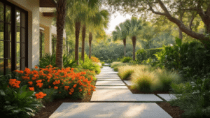 Cinematic wide-angle shot of a lush Florida landscape featuring Sabal palms, firebush blooms, muhly grass, and limestone pavers, bathed in warm sunlight with a resort-like atmosphere.