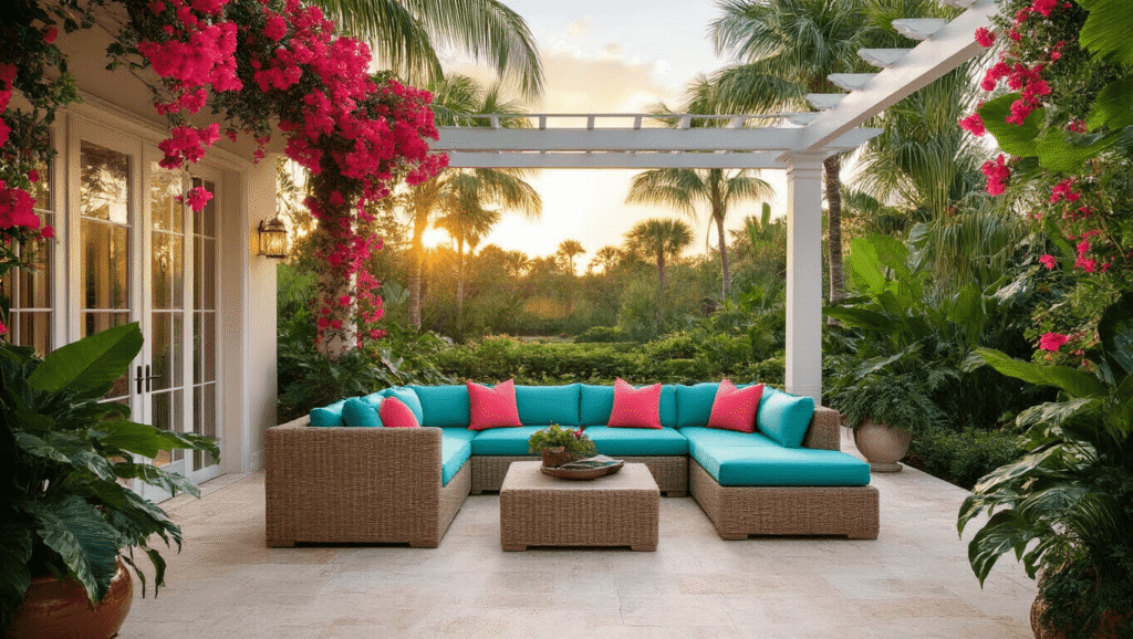 Luxurious Florida patio at golden hour with turquoise cushions and coral pillows, surrounded by tropical palms and hibiscus, featuring a sparkling pool and a pergola draped in bougainvillea.