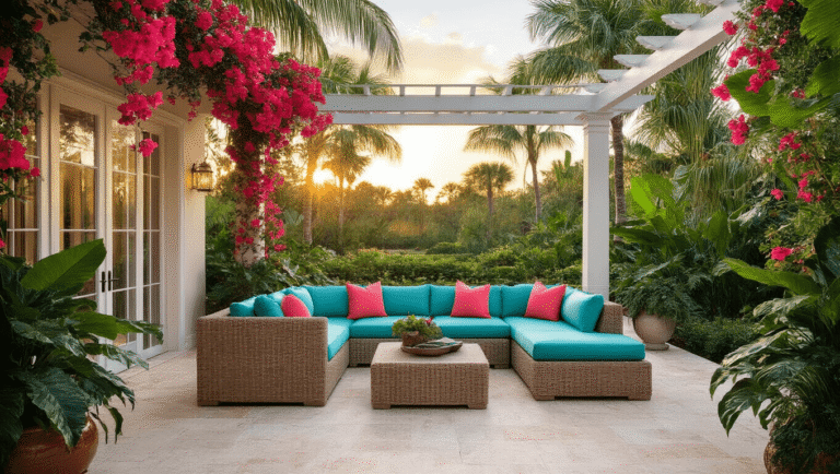 Tropical Paradise: Designing the Ultimate Florida Patio Retreat Luxurious Florida patio at golden hour with turquoise cushions and coral pillows, surrounded by tropical palms and hibiscus, featuring a sparkling pool and a pergola draped in bougainvillea.