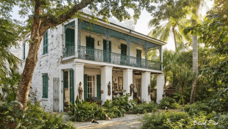 "Majestic 1851 Spanish Colonial house in Key West, where Hemingway wrote his masterpieces, featuring white limestone walls, green shutters, lush tropical gardens, and polydactyl cats on the porch."