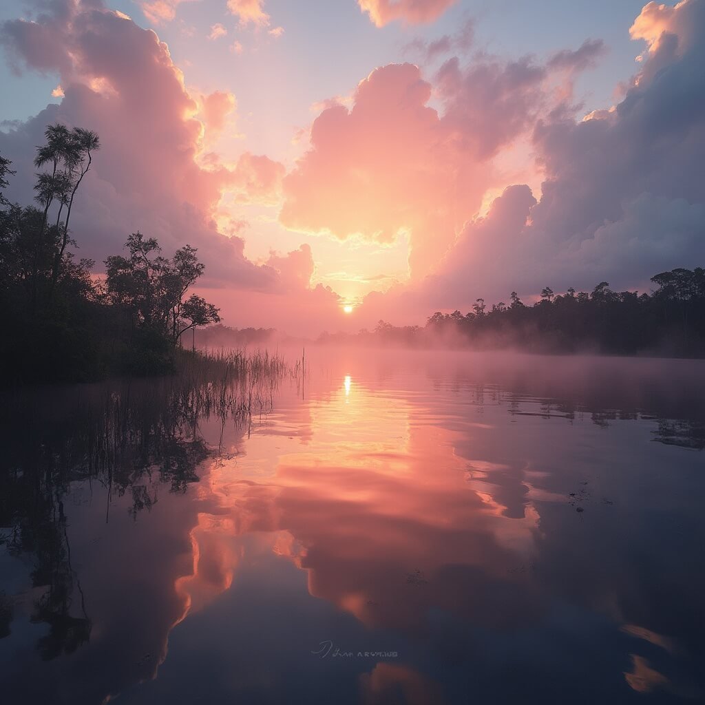 Dramatic sunrise over Indian River Lagoon, with soft pink and orange sky reflected in mirror-like water, silhouetted mangrove trees, morning mist, and subtle wildlife movement, in a wide-angle landscape composition with crisp naturalistic colors and early morning atmospheric lighting