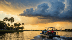 "Tourists in lightweight summer attire boarding an airboat at Lake Tohopekaliga in Kissimmee under August heat, with stormy clouds, swaying palm trees and distant theme park attractions in the background."
