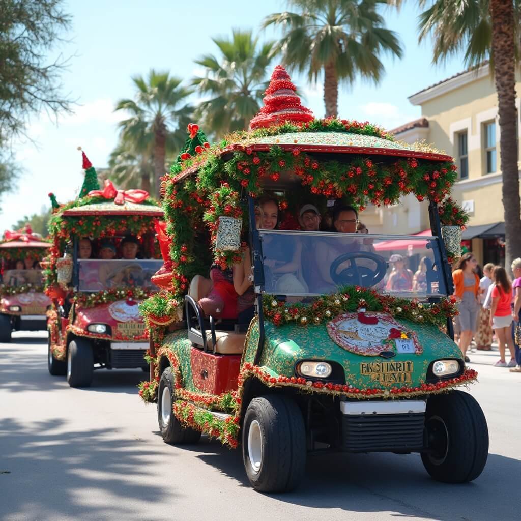 Colorful Christmas parade with decorated golf carts, festive floats, and spectators in shorts and t-shirts on a sunny street in Kissimmee, Florida, characterized by palm trees and holiday excitement, depicting a unique tropical winter scene.