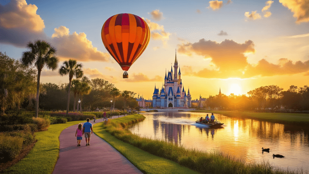 "Hot air balloon over lush Florida landscape with Disney castle silhouettes, palm trees, clear skies post rain, less crowded theme park pathways with Halloween decor, and airboat in Everglades at sunset in late-summer lighting"