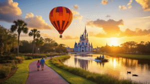 "Hot air balloon over lush Florida landscape with Disney castle silhouettes, palm trees, clear skies post rain, less crowded theme park pathways with Halloween decor, and airboat in Everglades at sunset in late-summer lighting"