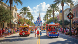"Colorful floats at Kissimmee's downtown Festival of Lights parade under a sunny, 74°F sky, families watching in summer clothes, Disney World castle in the distance, artificial snow around tropical landscaping."