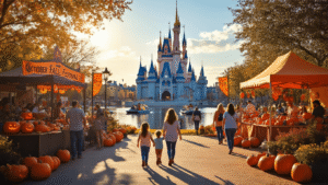 "Family enjoying an outdoor Halloween festival in sunny Kissimmee, Florida with Disney castle in the background, pumpkin decorations, autumn booths, airboats on a lake, under clear blue skies and 'October Fall Festival' banners"