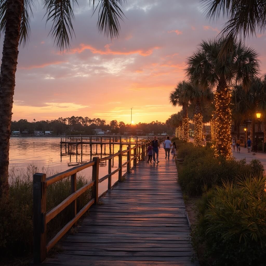 Sunset at Kissimmee Lakefront Park in December with a pier extending into calm waters, families strolling, palm and cypress trees lining the shoreline, and holiday lights twinkling in trees.