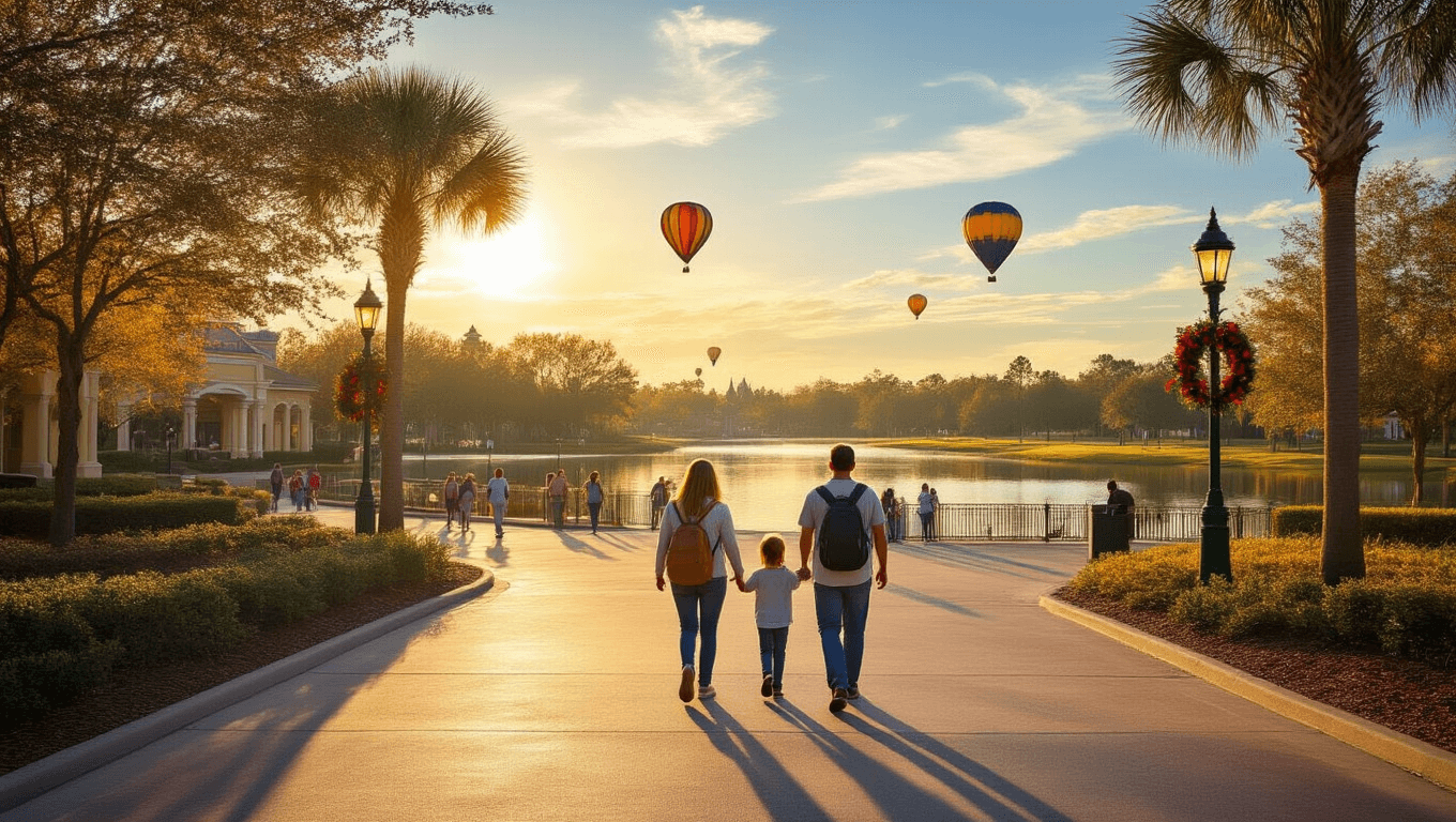 "A family enjoying a peaceful walk in a nearly empty theme park entrance in Kissimmee, Florida on a serene November morning, under clear blue skies and warm sunlight, with hot air balloons over green countryside in the distance, early holiday decorations on lamp posts, and lakes gleaming in the background."